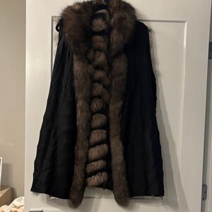 Elegant Black and Brown Fur-Trimmed Women's Coat